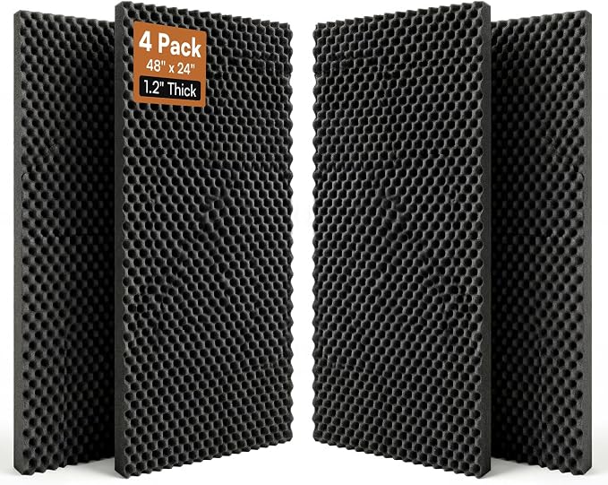 SODOCT 4 Pack Large Egg Crate Acoustic Foam Panels, 48 x 24 x 1.2 Inches High Density Sound Proof Foam for Walls, Professional Sound Absorbing Studio Panels for Home Theater, Recording (Black)