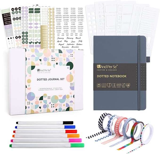&And Per Se A5 Hardcover Dotted Notebook with 25+ Accessories - 6 Pens, Stickers, Stencils, Washi Tapes & Gift Box Included | Dotted Journal Kit for Beginners, Adults, Premium Gift Set (Dark Blue)