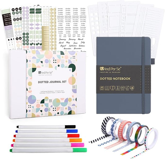 &And Per Se A5 Hardcover Dotted Notebook with 25+ Accessories - 6 Pens, Stickers, Stencils, Washi Tapes & Gift Box Included | Dotted Journal Kit for Beginners, Adults, Premium Gift Set (Dark Blue)