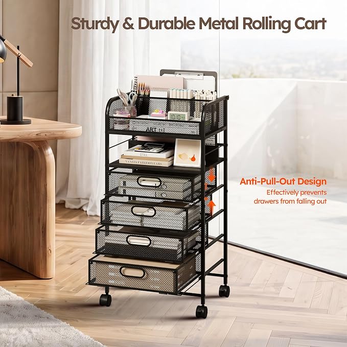Rolling Art Cart with 4 Drawers, Black | Art Supplies Organizer, 5-Tier Storage, Adjustable Dividers, Anti-Pull Mesh Drawers, Metal Frame, 4 Casters with 2 Locks