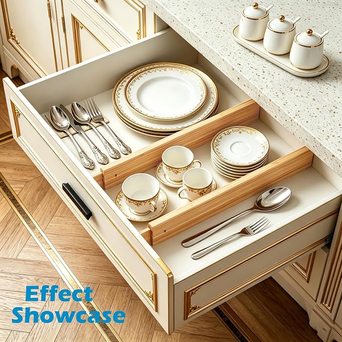 4 Pack Bamboo Drawer Divider, 17-22" Adjustable Organizers | Expandable bamboo separators, firm spring design, great for kitchen, dresser, closet, bathroom and bedroom organization