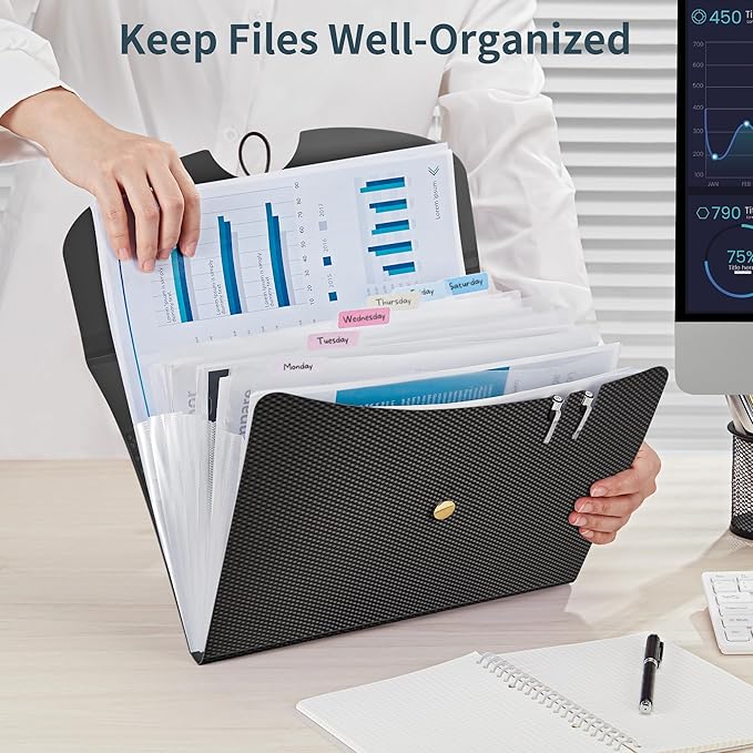 JARLINK 7 Pockets Expanding File Folder, A4 Size Accordion File Folders with 12 Labels, Cute Paper Organizer, Portable Document Organizer for Home College School Office Supplies, Black