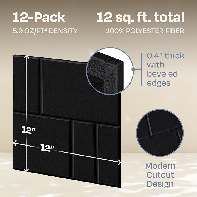 Acoustic Panels 12-Pack Soundproof Wall Panels 12"x12"x0.4" Decorative Sound Dampening for Your Home, Office, Studio, Bedroom & More with Unique GridFrame Carving [Deep Black]