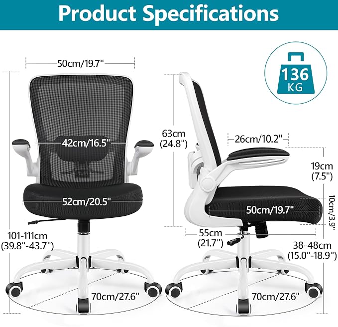 FelixKing Office Chair, Ergonomic Desk Chair Breathable Mesh Chairs Adjustable High Back Lumbar Support Flip-up Armrests, Executive Rolling Swivel Comfy Computer Chairs Home Office White