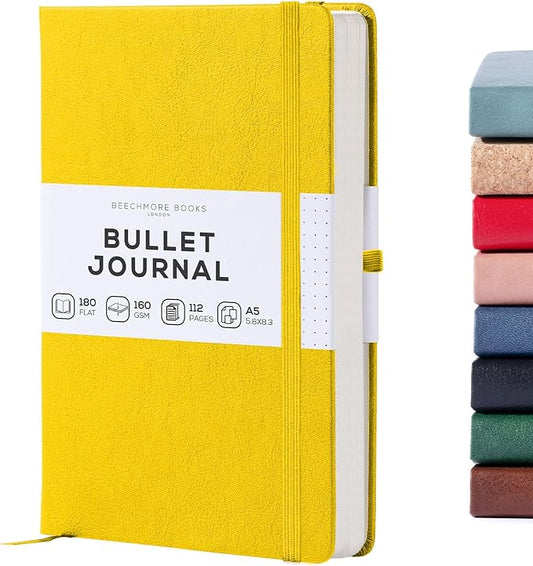 BEECHMORE BOOKS A5 Dotted Journal – 160gsm Thick Paper No-Bleed Bullet Notebook – Hardcover Dot Grid Logbook with Presentation Gift Box – Vegan Leather Sketchbook for Artists & Professionals