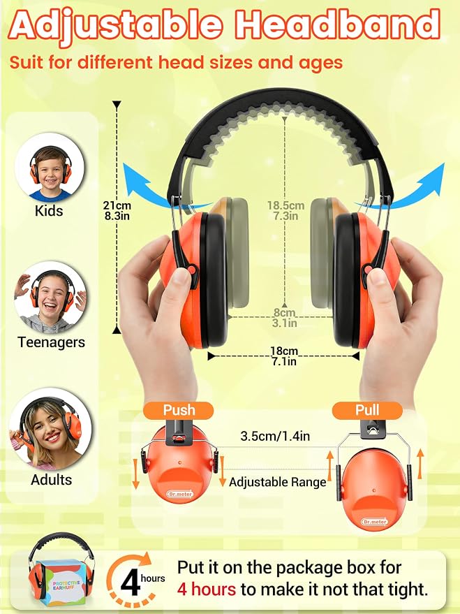 Dr.meter Ear Muffs for Noise Reduction: 27.4SNR Noise Cancelling Headphones for Kids Adults, EM100 Adjustable Hearing Protection Earmuffs for Monster Jam, Autism Sensory, Concerts, Fireworks Orange