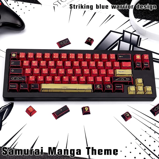 Retro Red Black Anime PBT Keycaps Cherry Profile Key caps, Manga Japanese Theme Keycaps, 5 Side Dye Sublimation 130 Keys Set for Cherry Gateron MX Switches Keyboards (Red Samurai)