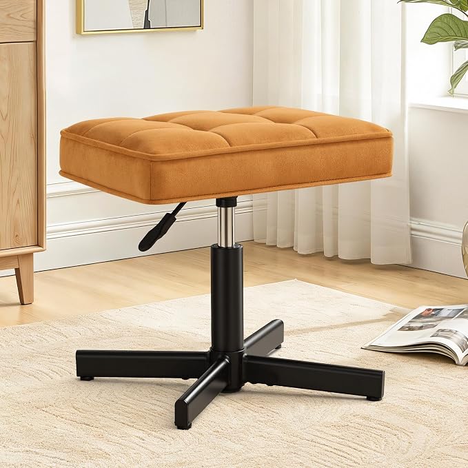 LUE BONA Adjustable Vanity Stool, 15''-19.5'' Foot Rest Under Desk, 360° Swivel Vanity Chair for Makeup Room, Ginger Yellow Upholstered Suede Ottoman for Bathroom & Living Room, 300lbs
