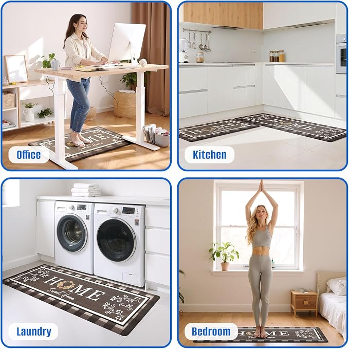 Kitchen Rugs, 2 PCS Kitchen Mats for Floor, Cushioned Non-Slip Anti Fatigue Mats for Kitchen Floor, Kitchen Runner for Standing Desk, Office, Laundry(17.3’’x 30’’+ 17.3’’x 47.2’’, Brown)