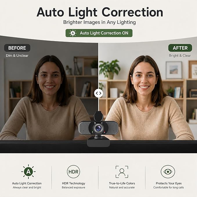 Full HD 1080P Webcam with Microphone, Noise-Canceling, Privacy Cover, Wide-Angle Lens, Auto Light Correction, Plug & Play USB Web Camera for Laptop, Desktop, PC, Mac, Zoom, Skype – Pro Series