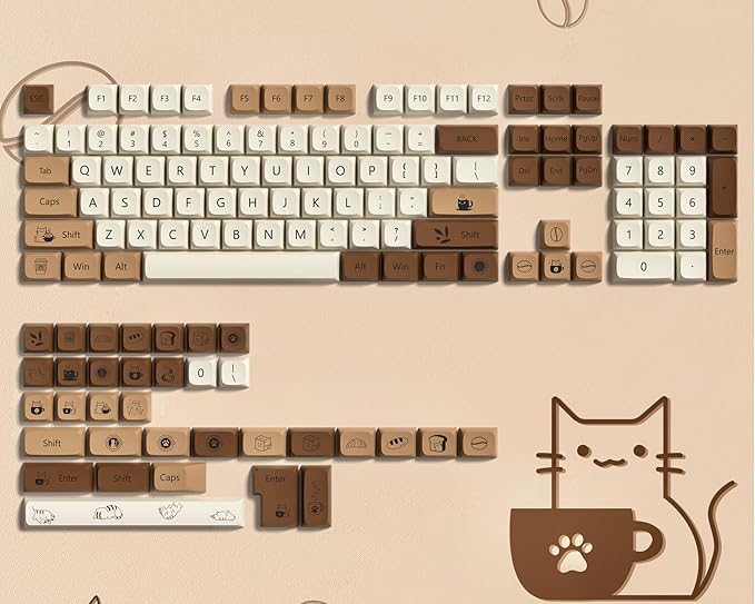 dagaladoo Keyboard keycaps Set,Cute PBT keycaps 60% 65% 75% 100%,dye-Sublimation XDA Profile Custom Key caps for Cherry-mx Full Size Retro Mechanical Keyboard,Brown Coffee cat 140-key