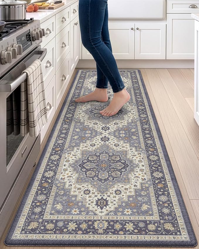DEXI Kitchen Floor Mats Anti Fatigue, 23x86 Large Long Cushioned Vintage Runner Rug Waterproof, Standing Comfort Memory Foam Padded for Front Sink Laundry Office, Dark Grey