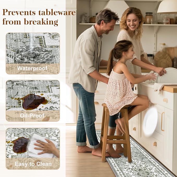 Boho Kitchen Mats for Floor 2 Piece Set Anti Fatigue Cushioned PVC Kitchen Rugs Non Slip Waterproof Farmhouse Mats 2/5 Inch Comfort Standing Mat for Laundry, 17.3"x47"+17.3"x28", Grey