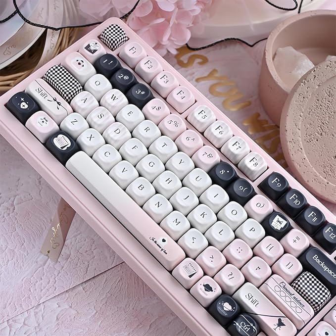 Pink and Black Keycaps,MOA Profile Cute Keycaps PBT Dye-Sub Kawaii Custom Full Size Keycap Set for Cherry MX Switch ANSI Layout 75% 60% Mechanical Gaming Keyboard DIY Creamy Key Cap (126Keys)