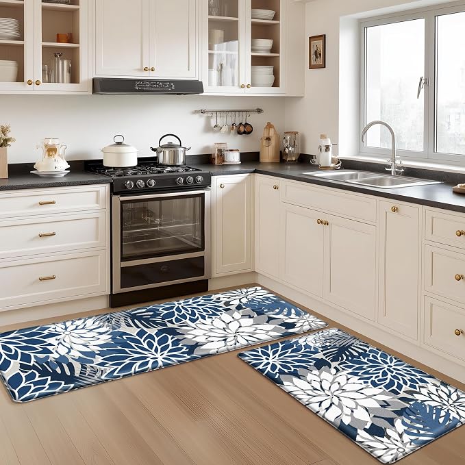 Arenarug Kitchen Mats for Floor 2PCS Cushioned Anti Fatigue Kitchen Mats Waterproof Non Slip Kitchen Mat Rug Set Comfort Foam Standing Mat for Sink, Laundry, Office, Blue Gray