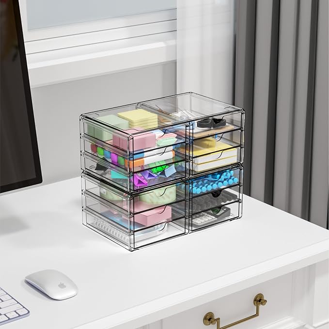 2 Pack Acrylic Storage Drawers With 12 Small Drawer,Stackable Office Cabinet Organizer and Makeup Organizer,Clear Plastic Drawers for Craft Supply,Pen,Stationary,Accessory,Makeup,Desk Organizer