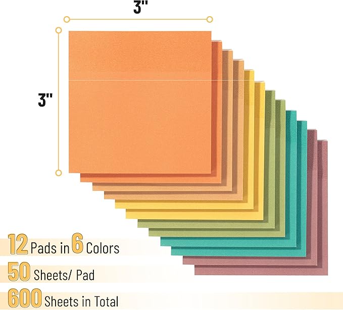 Mr. Pen- Sticky Notes, 3”x3”, 12 Pads, 600 Sheets, New Earthy Colors Sticky Notes 3x3