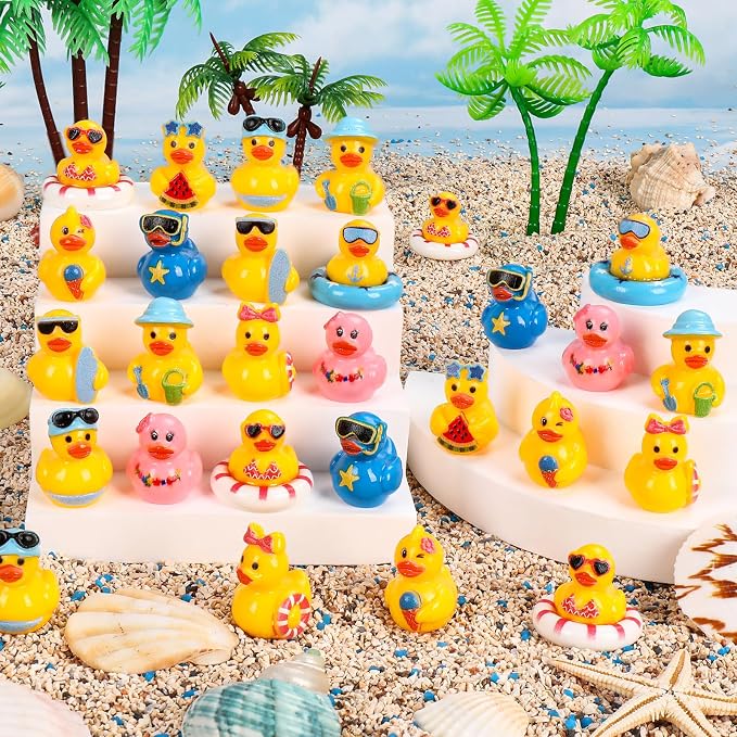 120 Pcs Summer Mini Resin Ducks 10 Styles Hawaii Beach Tiny Cruise Ducks to Hide Miniature Duck Figurines for Summer Swimming Pool Party Cruise Ship Game DIY Craft Cake Aquarium Desktop Decor