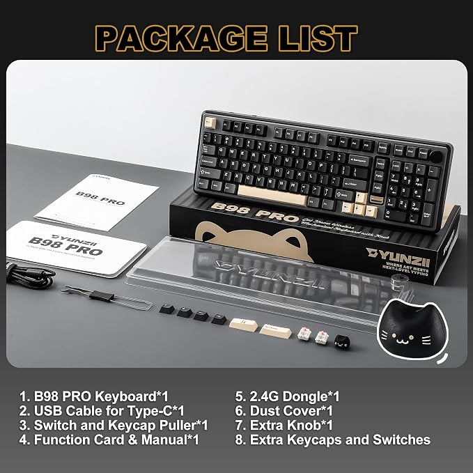 YUNZII B98 PRO QMK/VIA Wireless Mechanical Gaming Keyboard,96% Layout with Numpad and Cute Cat Knob, BT/2.4G/USB-C,Linear Switch Hot Swap Gasket,RGB for Win/Mac (Black, Candy Linear Switch)