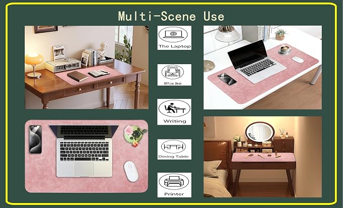 Soft Anti-Curl Faux PU Desk Mat 23.6"x13.8", Waterproof Heat Safe Non-Slip Vintage Desk Pad, Stitched Edge Wipeable Tear Resistant Desktop Protector for Work from Home Office (Pink)