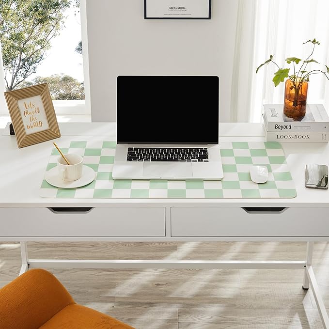 Checkered Desk Mat, 31.5" x 15.7" Large Cute Sage Green Aesthetic Retro Accessories PU Leather Computer Laptop Desk Mat, Mouse Keyboard Pad, Desk Writing Makeup Mat for Vanity/Work/Home Decor