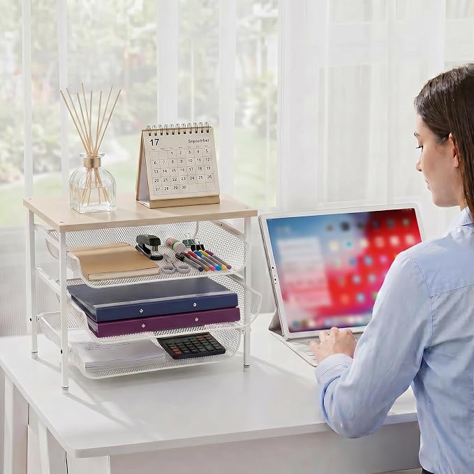 4-Tier Mesh Desk Organizer with Drawer Wooden Top Desktop Organizers File Holder Letter Tray Supplies Paper Organizer Home Office Accessories White