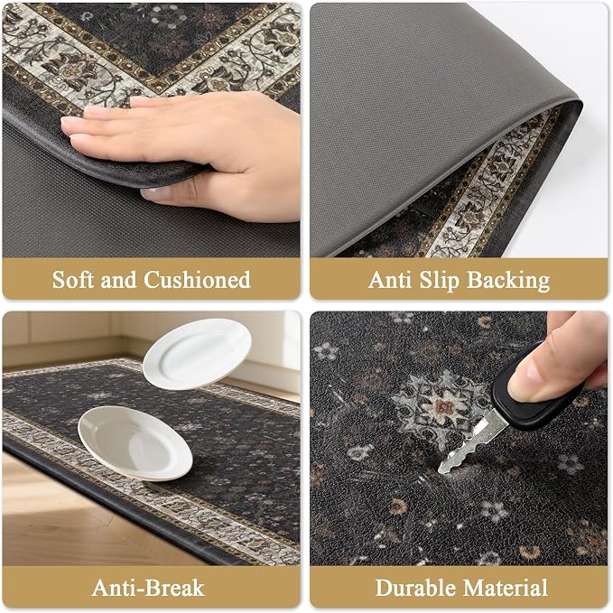 Pauwer Anti Fatigue Kitchen Floor Mats Set of 3, Cushioned Rugs, Black | Non Slip Comfort Standing Mat, PVC Foam Padded Kitchen Rugs, Waterproof Sink Rug for Small Kitchen Area, Laundry Room
