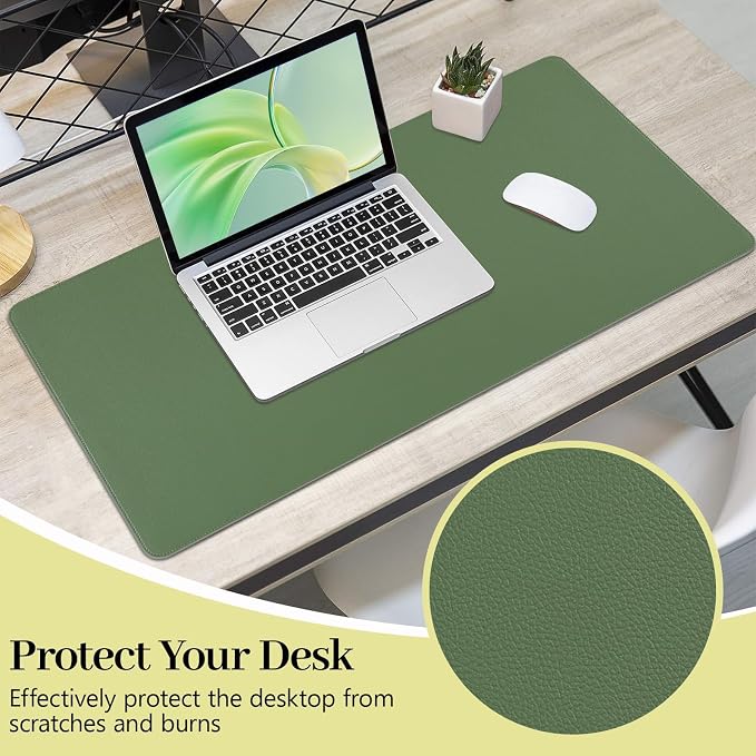 Green Leather Desk Pad Large Mouse Pad, 35.4"x17" | Waterproof Desk Mat for Keyboard and Mouse, Non-Slip Computer Desk Protector, Smooth Mouse Control for Home Office