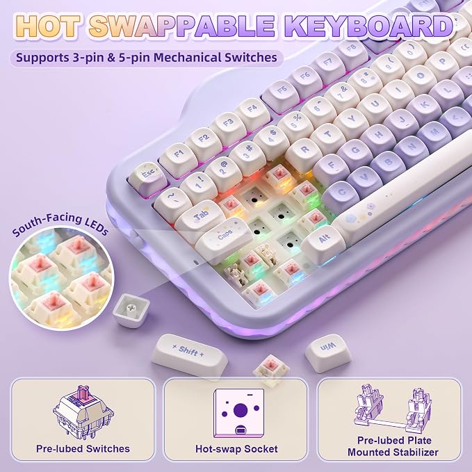 YUNZII C98 Wireless Mechanical Keyboard with Number Pad,99 Key BT5.0/2.4G/USB-C Hot Swap Gasket Mount with PBT MOA Keycaps,Custom RGB,Cute Cake Keyboard for Win/Mac (Purple, Candy Linear Switch)