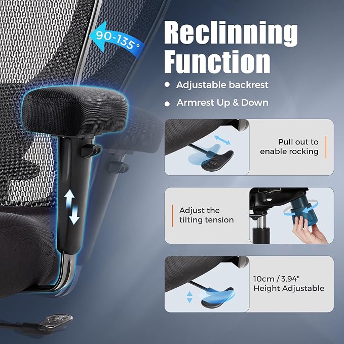 Big and Tall Office Desk Chair 500lbs,Ergonomic Heavy Duty Mesh Desk Chair | Executive Swivel Task Computer Chairs with Adjustable Lumbar Support and Armrests for Home Office (Black)