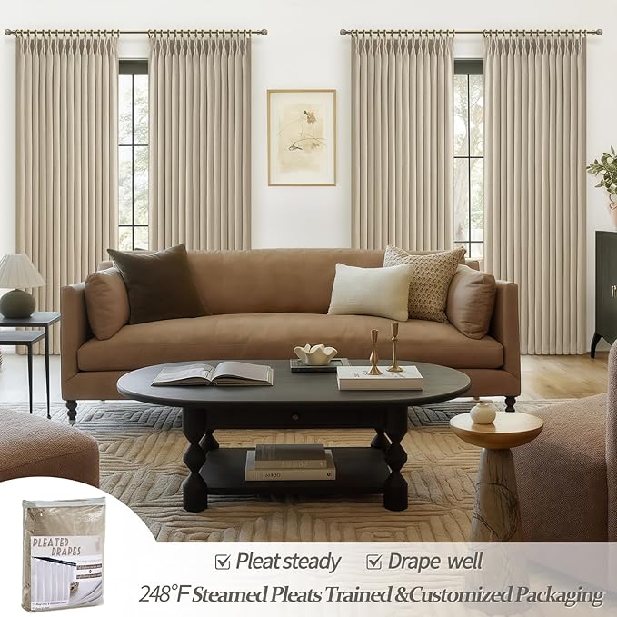 Memory Trained Pinch Pleated 86 Inch Blackout Patio Sliding Glass Door Curtains, Linen Blend Dual Layer Textured Sound Proof Insulated Natural Window Curtain with Hook 40W x 86L 2 Panels Set