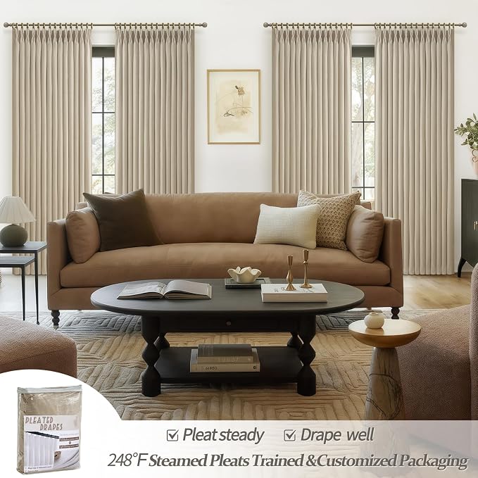 Natural Linen 70 Inch Extra Wide Pleated Curtains 102 Inches Long for Sliding Glass Door 2 Panels Set, Memory Trained Blackout Dual Layer Linen Insulated Rustic Curtain Noise Blocking Windows Drapes