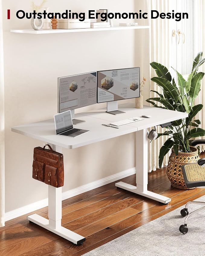 SANODESK Height Adjustable Electric Standing Desk 55x24 Inches, Sit Stand Desk with Splice Board for Home Office, Ergonomic Computer Workstation, Study & Gaming, White Frame/White Top