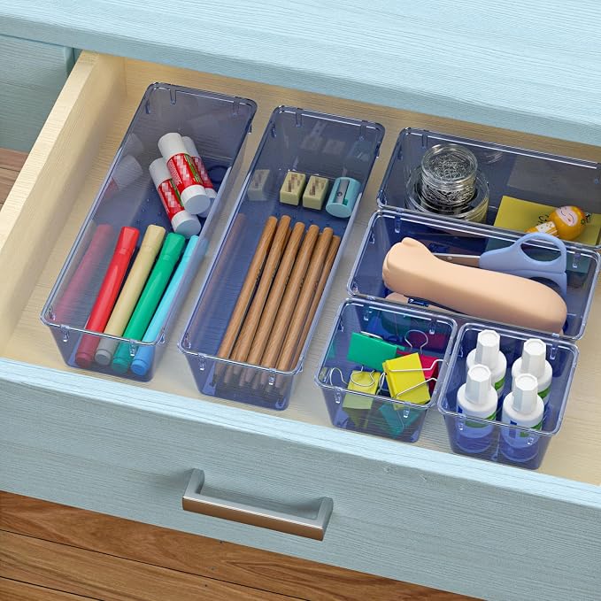 WOWBOX 12 Pack Clear Drawer Organizer Set, Acrylic Drawer Storage Trays, Storage Bins for Makeup, Cosmetics, Jewelries, Utensils, Gadgets, Office, Dark Blue