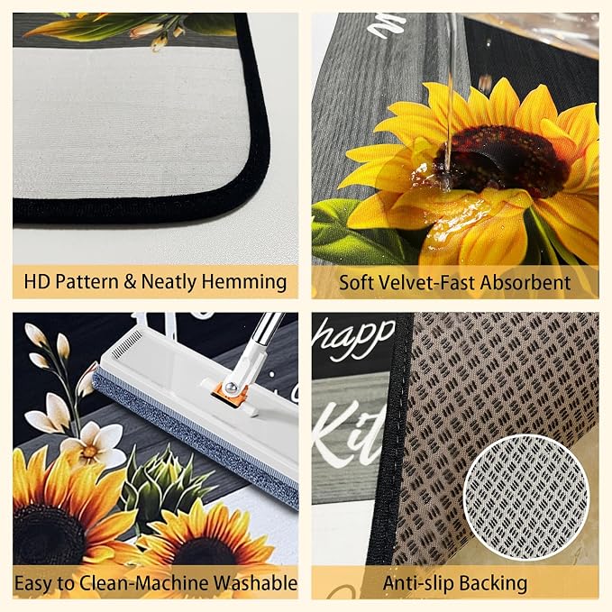 Voanos Sunflower Kitchen Rugs,Non Skid Washable Microfiber mats for Kitchen Floor, Black White Kitchen Cushioned Runner Rug Decor Sets of 2,Size 17"x 47"+17"x 30"