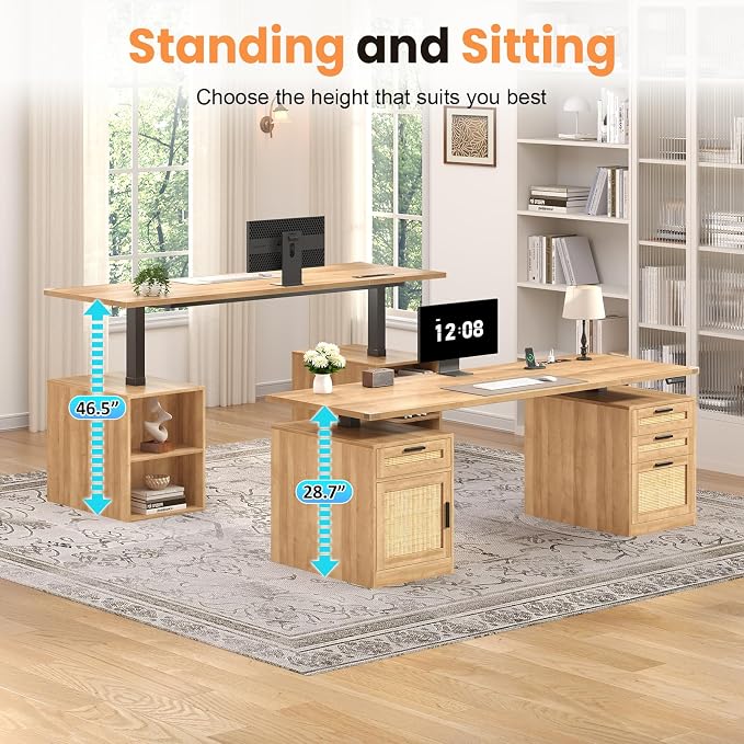 60" Rattan Electric Standing Desk with Drawers for Home Office, Oak | Height Adjustable Computer Desk with 4 Drawers & Storage Shelves, Wood Sit Stand Desk with Power Outlets for Work, Study