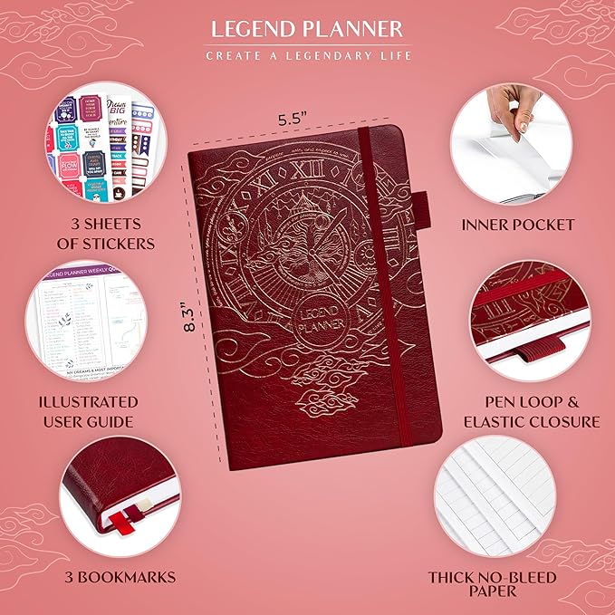 Legend Undated Weekly Planner – Goal Planner Journal & Organizer Notebook – Agenda Book with Monthly Calendar & To-Do List, A5 (Wine Red, Gold)
