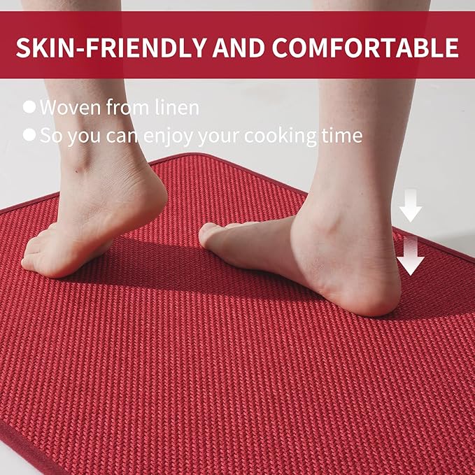 YDKGL Kitchen Mats for Floor, Super Absorbent Kitchen Rugs Non Slip Washable, Soft Imitation Linen Braided Kitchen Runner Rug, Standing Mat Kitchens Sink Mat, Easy to Clean, Red 17x71