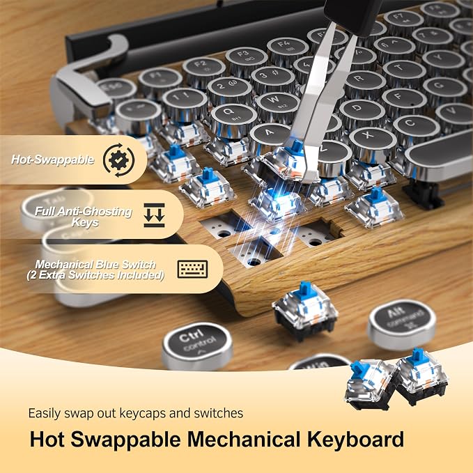 Retro Typewriter Keyboard, Wireless Mechanical Gaming Keyboard, 83-Key Hot Swap Blue Switches Punk Keycap Office Computer Vintage Keyboards with USB-C/BT5.0 for PC/Laptop/Pad/Phone, LED Backlit, Wood