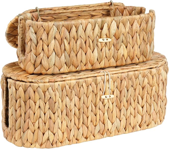 Set of 2 Cable Management Box, Handwoven Cord Hider Box with 3 Open Slots | Cable Organizer Box with Lockable Lid, Cord Storage Box to Hide Power Strip, Router, USB Hub, TV Wires for Home, Office