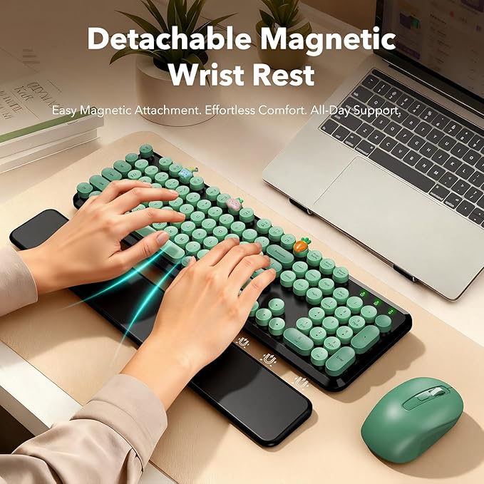 Wireless Keyboard and Mouse Combo-Round Keycaps, Full-Size Retro Typewriter Keyboard with Detachable Wrist Rest, Sleep Mode & Tilt Legs, 2.4GHz Cordless Connection for Mac/Windows/PC (Black & Green)