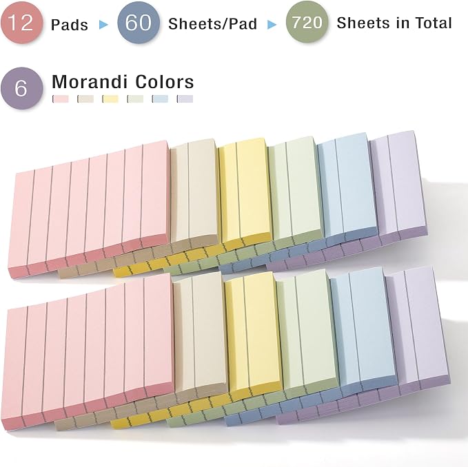 Mr. Pen- Lined Sticky Notes, 3" x 3", 12 Pads, 60 Sheets/Pad, Morandi Color | Bulk Sticky Notes with Lines, Ruled Post Stickies, Memo Pads, Self-Stick Note Pad for Office, School, Home, Study