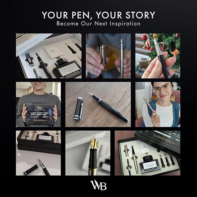 Wordsworth & Black Fountain Pen Gift Set, Includes Ink Bottle, 6 Ink Cartridges, A Refill Converter, 4 Replacement Nibs, Journaling, Calligraphy, Smooth Writing Pens [All Black]