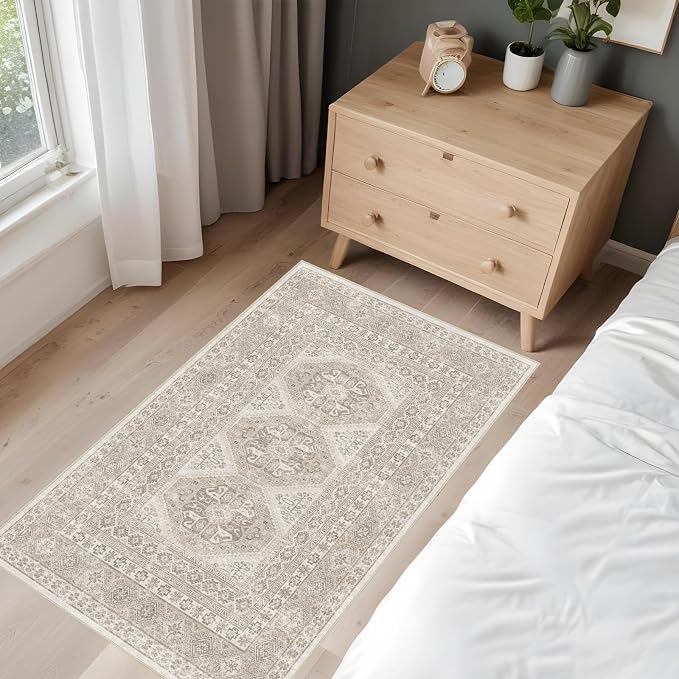Washable Area Rug Non Slip - 2x3 Small Kitchen Boho Rug Vintage Entryway Low Pile Carpet for Doormat Beige (Beige, 2x3)