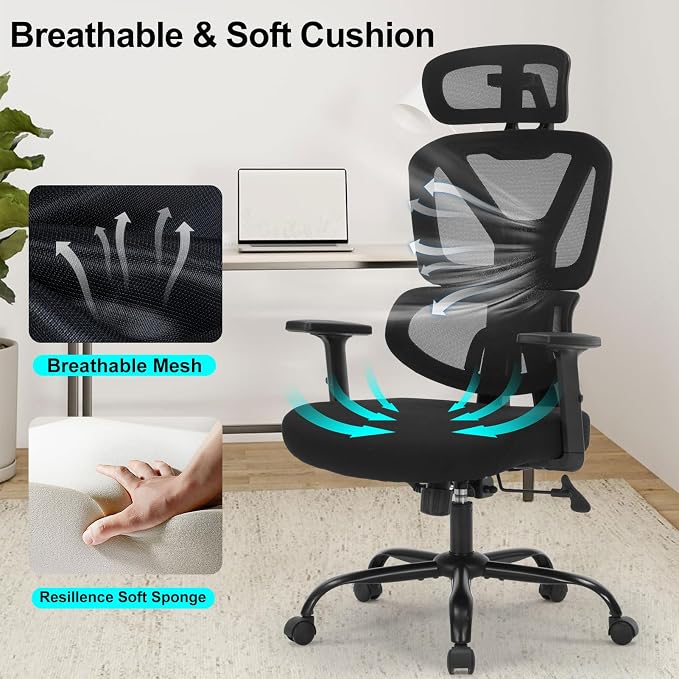 Ergonomic Office Chair Mesh HighBack Adjustable Headrest Arm Lumbar Support | Adjustable Height & Armrests, Lumbar Support Swivel Task Chair, 350LBS Executive Computer Chair for Home Office Study Meeting