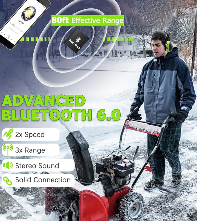 PROHEAR 037 Bluetooth 6.0 Hearing Protection Headphones with Rechargeable 1500mAh Battery, 30dB SNR Safety Noise Reduction Ear Muffs 120H Playtime for Mowing, Workshops, Snowblowing - Green
