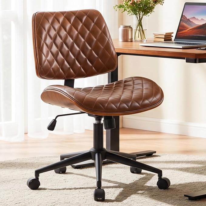 Furnimart Wooden Armless Desk Chair with Wheels, 360° Swivel Faux Leather Vanity Chair for Bedroom, Small Office Computer Task Chair for Home & Compact Spaces (PU Brown)