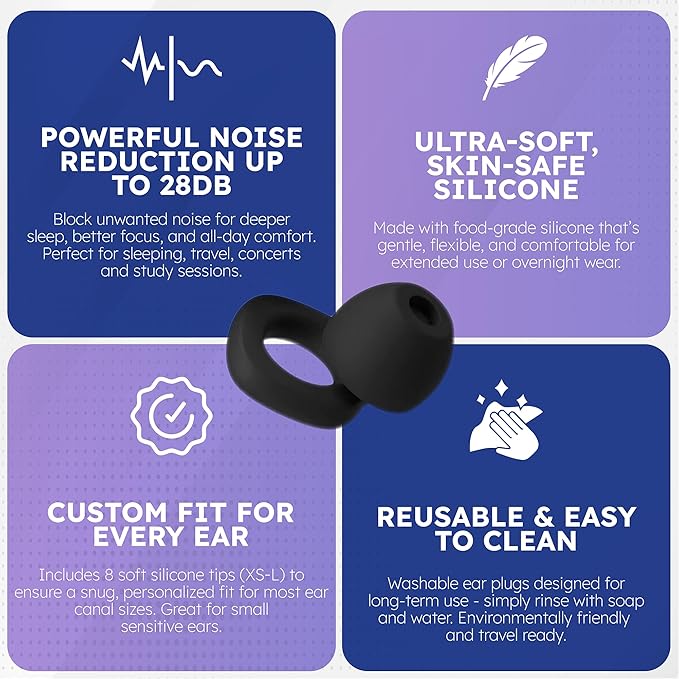 Tranquilo Ear Plugs for Sleeping, Up to 28dB Noise Reduction – Soft Reusable Silicone Earplugs for Snoring, Side Sleepers, Travel & Study – 8 XS-L Tips + Carrying Case (Black)