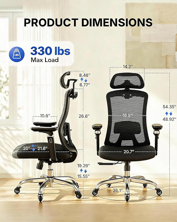 HUANUO FlowLift™ Ergonomic Office Chair with 6D Armrest and Lumbar Support | Seat depth adjustment, quiet rubber caster, 3D headrest, high back mesh, big and tall design, 4-position recline