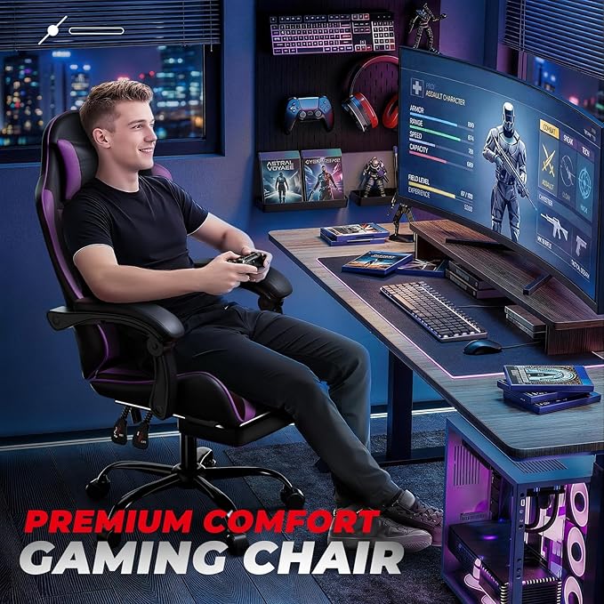 Auto Dynasty Ergonomic Gaming Chair, High-Back Office Chair w/Adjustable Lumbar Support, Linkage Armrest, Headrest & Footrest, 350LBS Recliner Swivel Computer Game Racing Chair, Purple/Black
